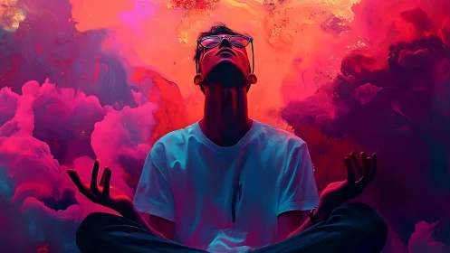 Meditating figure in neon clouds and electric color storm.