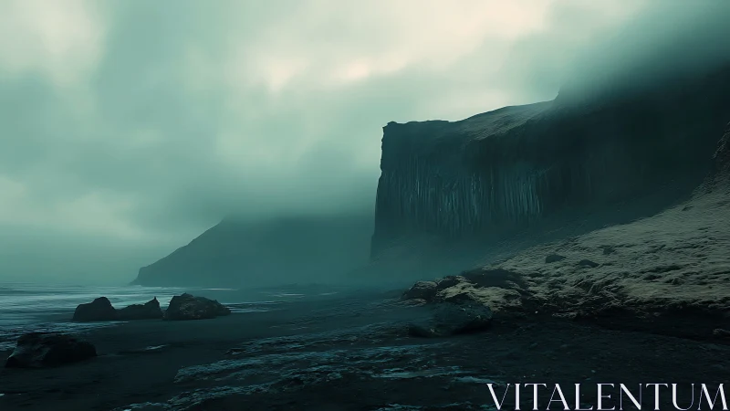 Columnar basalt cliffs emerge from misty Icelandic shore.