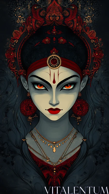 Crimson-eyed moon goddess carves silence from the shadows