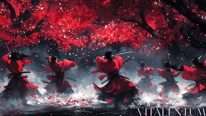 Samurai warriors charge through crimson forest mist.