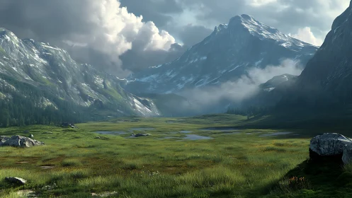 Snow-capped alpine valley rendered in high-detail 3D landscape