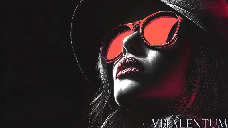 Stylized woman in red sunglasses and hat on dark background.