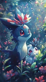 Fantasy forest creatures among glowing flowers at night.