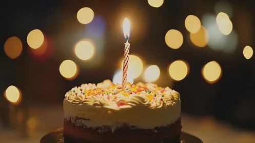 Cream Frosted Birthday Cake with Lit Spiral Candle Amid Bokeh Lighting