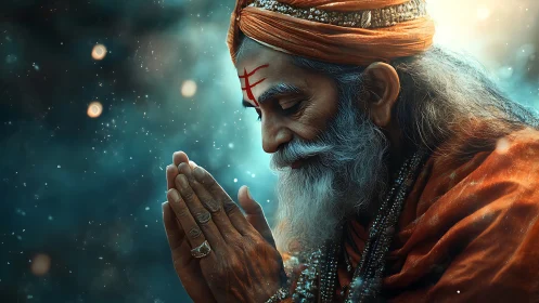 Elderly man in orange robes with folded hands in profile.