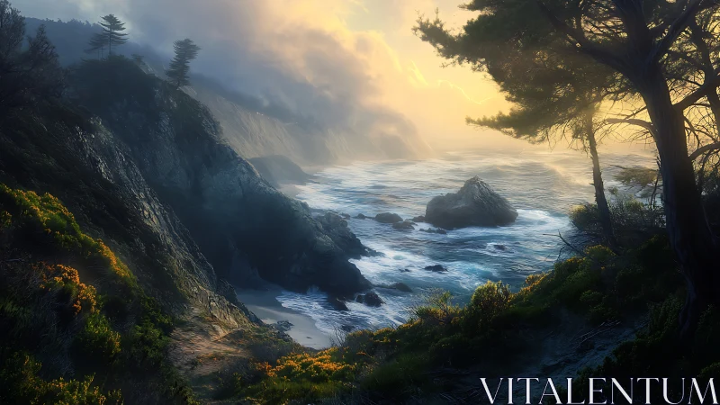 Rocky coastline meets dramatic ocean surf at golden sunset