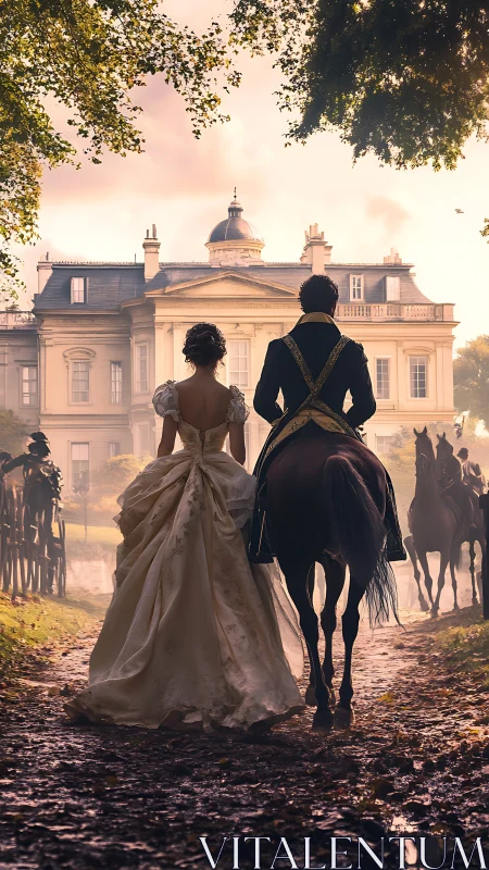 Noble couple approaches sunlit chateau in romantic grandeur.