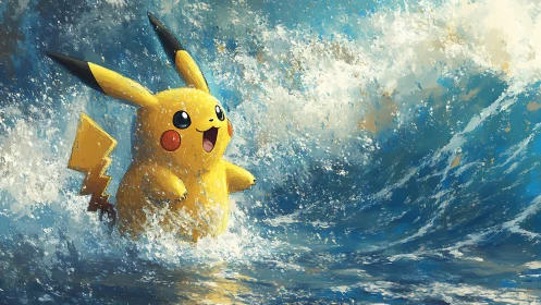 Yellow electric creature surges joyfully through ocean spray.