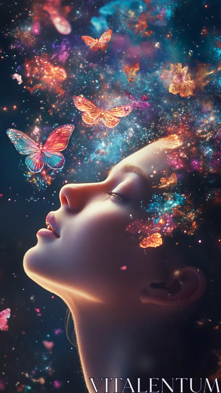 Dream-butterflies drift from her cosmic, luminescent mindscape
