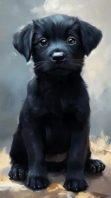 Black puppy gazes forward in soft painterly portrait.