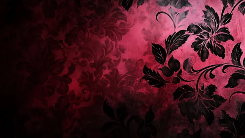 Ornate crimson damask wallpaper with grunge floral overlay.