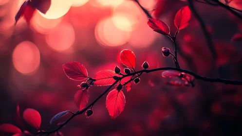 Red autumn leaves on branch in dreamy bokeh sunset photography.