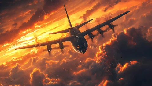 Military cargo plane carves through blazing sunset clouds