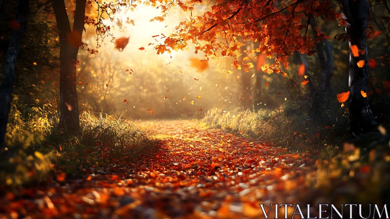 Atmospheric Autumn Forest Pathway with Falling Leaves and Volumetric Light