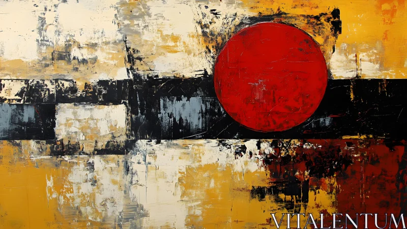 Bold Abstract Painting with Red Circle and Textured Blocks.