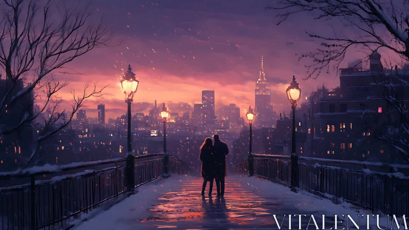 Silhouetted Couple on Snow-Covered Bridge at Dusk.
