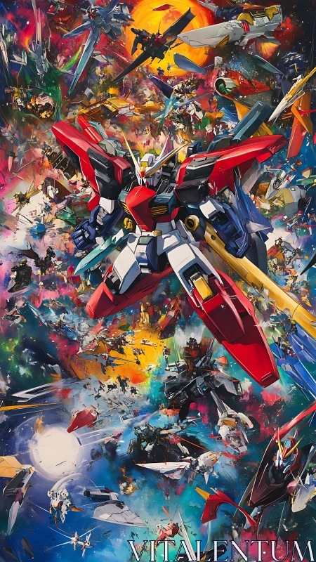 Mecha assault in explosive cosmic space battle painting.
