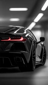 Sleek black supercar glows softly under smooth tunnel lights