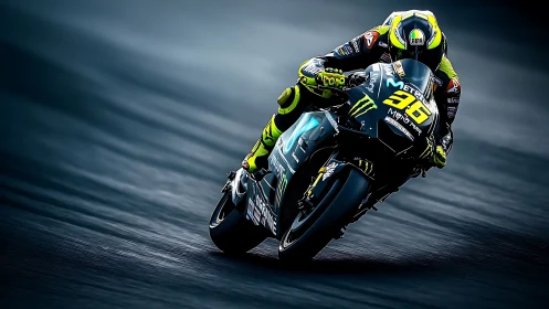 MotoGP rider leans into wet asphalt corner at speed.