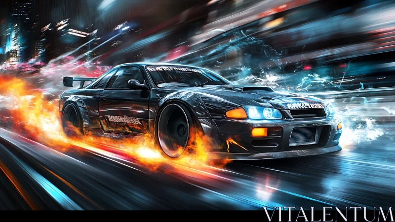 Cyberpunk tuner coupe drifting through neon city streets at speed