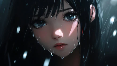 Close portrait of wet anime girl with reflective lighting.