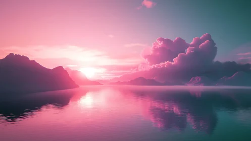 Cotton-candy sunset clouds drifting above neon glass sea.