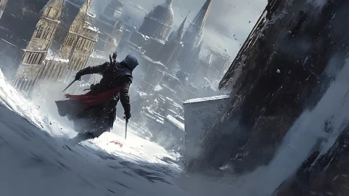 Hooded rogue charges through a wind‑torn, snowbound cityscape