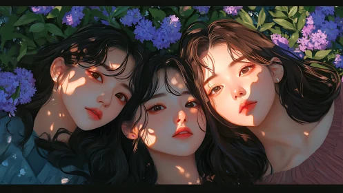 Three illustrated faces lie among lilac flowers in sunlight