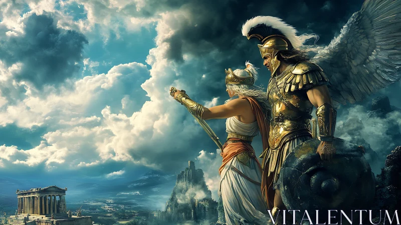 Winged golden warrior and goddess above storm-lit Olympus.