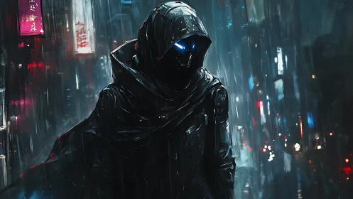 Hooded cybernetic figure in rain soaked nocturnal cityscape.