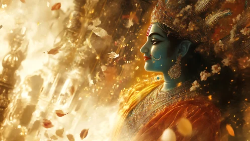 Divine blue-skinned deity rendered in high-contrast golden bokeh field