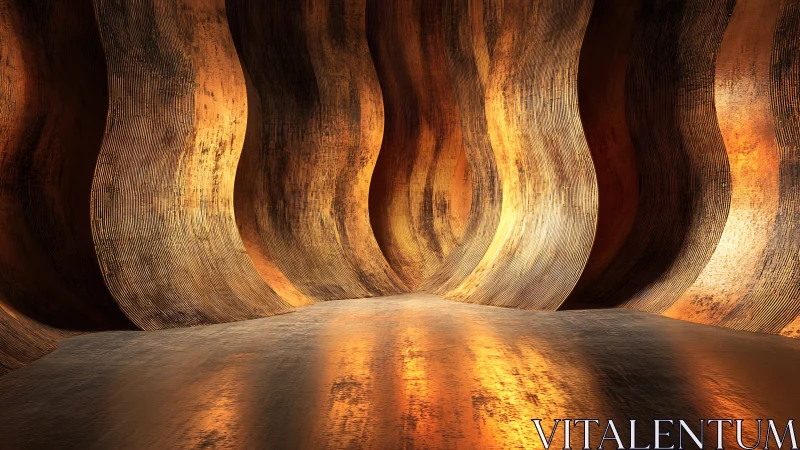 Curved metallic walls with warm reflective flooring.