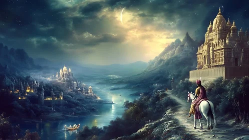 Moonlit rider approaches twin river citadels in luminous haze