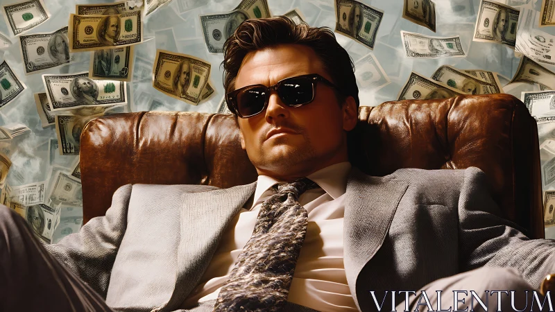 Smug businessman reclines in leather chair amid flying cash