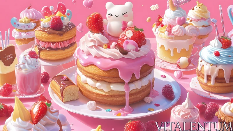 Vibrant 3D Candy Dessert Scene with Layered Cakes