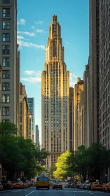 Art Deco skyscraper dominates sunlit urban canyon perspective
