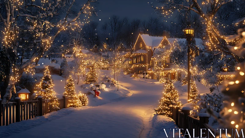 Snowy village street glows with warm Christmas lights at dusk