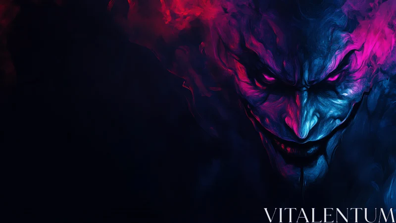 Neon-lit demonic visage emerging from darkness in profile.