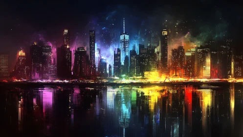 Neon lit city skyline reflects across dark waterfront