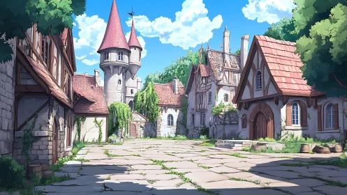Medieval village courtyard under bright summer sky illustration.