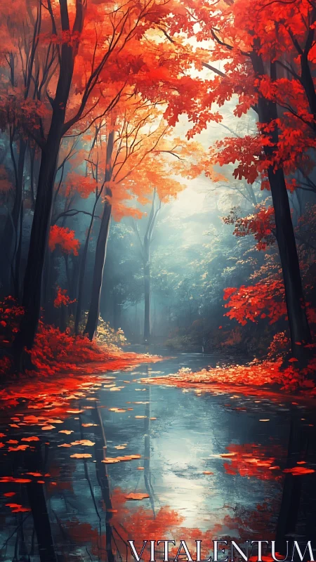 Autumnal forest creek renders saturated contrast and misty depth