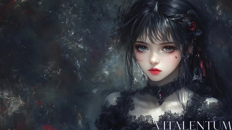 Gothic anime portrait with dark lace dress and jewel choker.