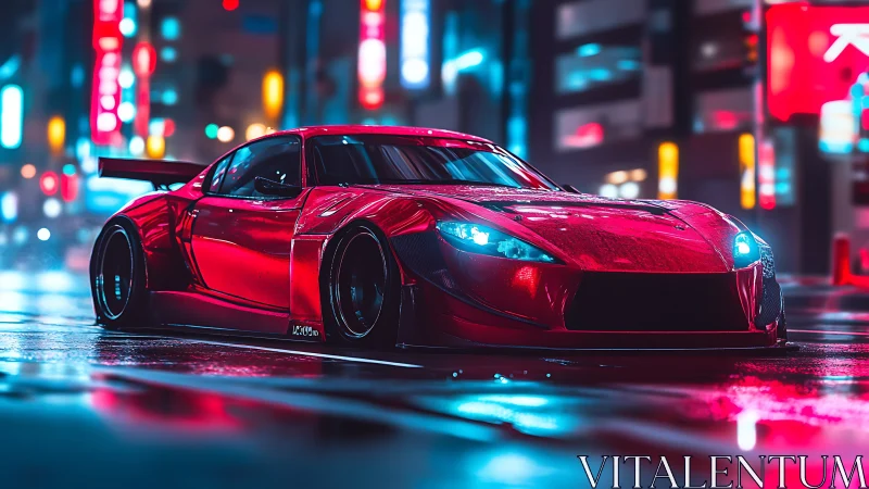 Crimson street racer hums through neon-soaked midnight rain