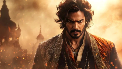 Firelit warrior prince strides through embers of a fallen realm.