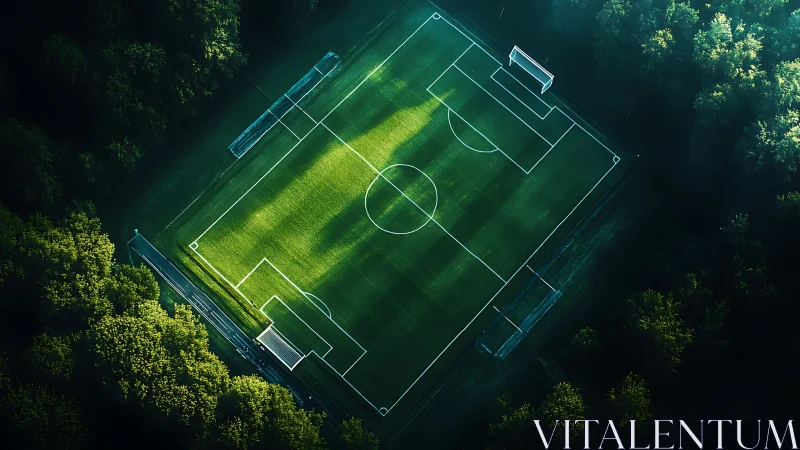 Isolated green soccer field surrounded by dense forest.