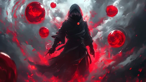 Hooded figure with red orbs in swirling abstract mist.
