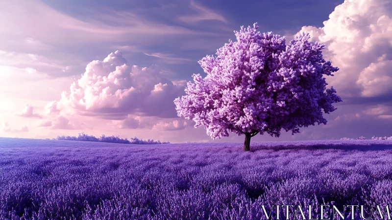 Lavender field panorama with solitary violet blossom tree.
