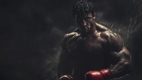 Boxer in rain with red gloves, dramatic lighting against dark backdrop