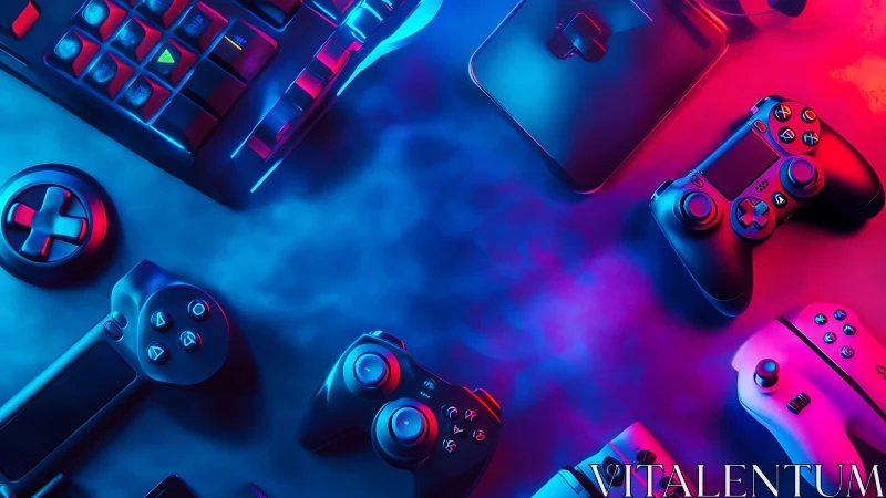 Neon-lit gaming controllers in blue red dual-tone haze.