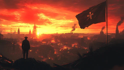 Commander overlooks burning city beneath crimson sky.